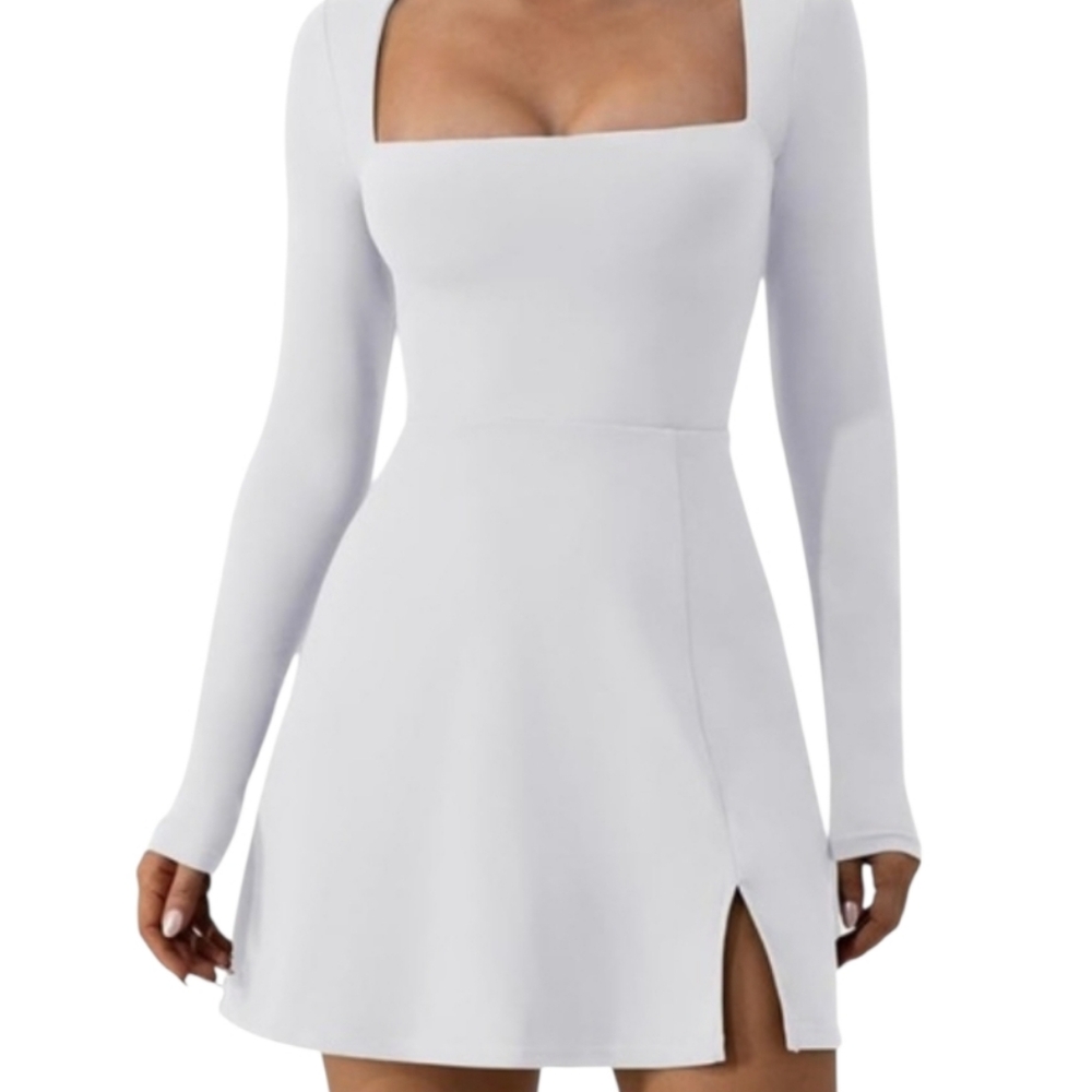 Qinsen Square Neck Long Sleeve White Mini Dress